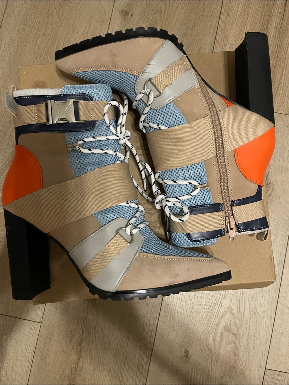 Women’s Colorblock High-Heel Ankle Boots in Beige & Light Blue